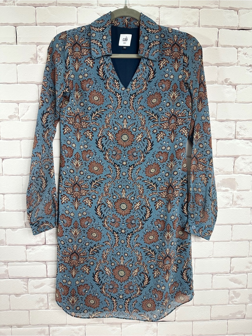 CAbi Blue and Brown Floral Long Sleeve Shirt Dress